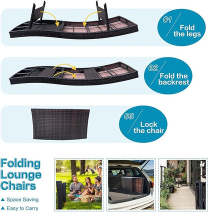 Set of Foldable Long Reclining Patio Seating Chairs, 2 Folding Chairs Patio Chaise Lounge, Outdoor Wicker Lounge Chaise, Rattan Chaise Lounge Lawn Sunbathing Recliner Beach Pool Backrest Recliners