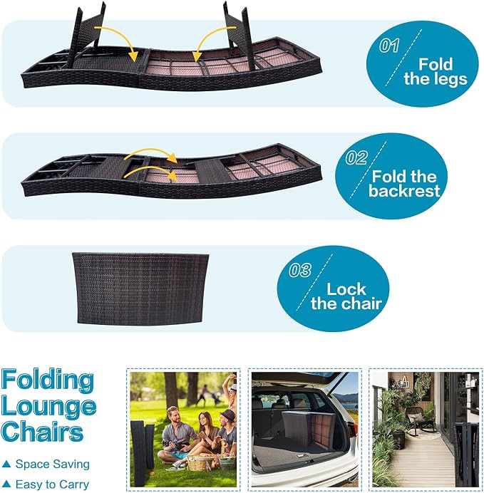 Folding Patio Chaise Lounge (Set of 1 Chair), Foldable Long Reclining Patio Seating Chairs, Outdoor Wicker Lounge Chair, Rattan Chaise Lounge Lawn Sunbathing Chairs Beach Pool Backrest Recliners