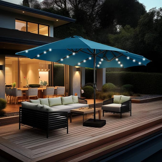 GREEN PARTY 15 ft Rectangle Patio Umbrella with Solar Lights and Base Included, Double-Sided Market Table Umbrella with Crank, Large Outdoor Umbrellas for Patio Poolside Garden Backyard, Cerulean