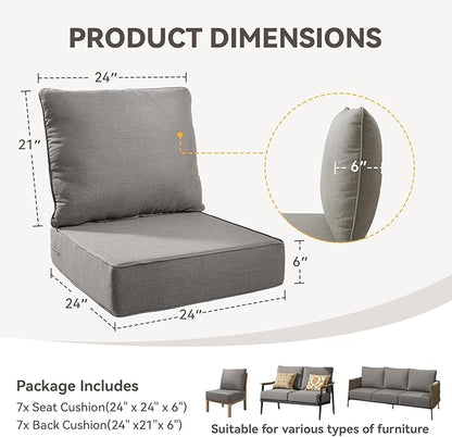 Outdoor Cushion Set for Furniture Patio Furniture, UV Resistant, Water Resistant - 6 Inch Thick Foam Garden Cushions– 24x24 Inch Patio Seat Covers for Chair/Sofa/Couch | Grey | 7-Pack |