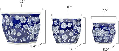 Galt International Dark Blue & White Round Fluted Floral Porcelain Ceramic Plant Flower Planter Pot Set of 3 (7.5", 10", 13") Garden Pots Chinese Asian Design