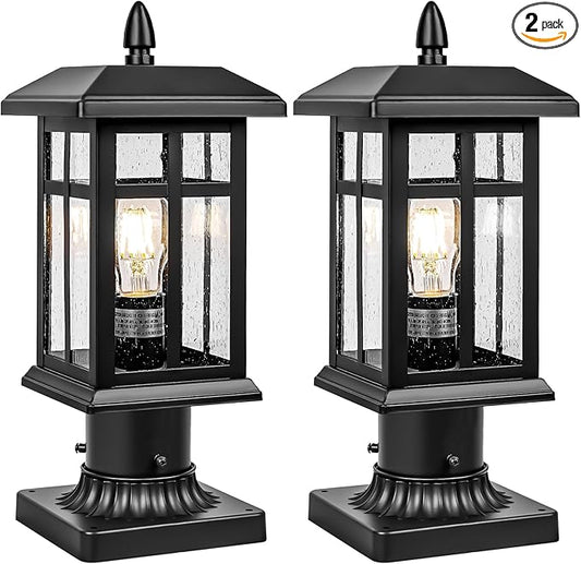 2 Packs Outdoor Post Light, Black Pole Lantern Lighting Fixture with Pier Mount Base, Exterior Lamp Post Lantern with Glass for Garden Yard Patio Path