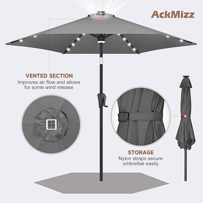 10ft Solar Patio Umbrella - Outdoor Umbrella with Centre Surround Light 24 LED Beads, Market Table Umbrella with Tilt & Crank for Pool, Porch, Garden, Deck, Backyard UV Protection(Anthracite)