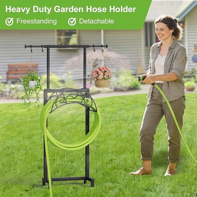 Garden Hose Holder with Telescopic Pole, Upgraded Heavy Duty Hose Stand Holds 150ft with 4 Spikes, Freestanding Metal Hose Storage and Hanger for Outside Yard Lawn Farm, Black