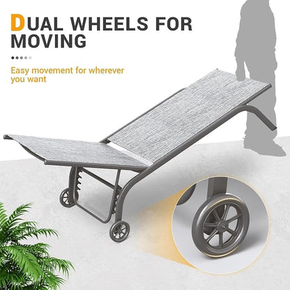 UDPATIO Aluminum Lounge Chair Set of 3 Poolside Chaise Lounger Outdoor Lounge Chairs 5 Adjustable Position Backrest Pool Lounger with Wheels Side Table for Patio Pool,Grey
