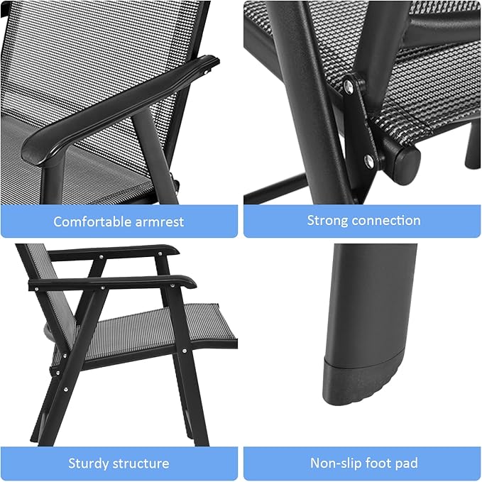 Tangkula Set of 2 Patio Folding Chairs, Outdoor Fabric Dining Chairs with High Back & Armrests, Sturdy Metal Frame for Patio Lawn Garden (Grey)