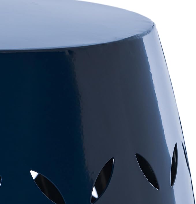 Christopher Knight Home Hayon 17.75'' Small Outdoor Side Table, Metal Outdoor Stool, Lace Cut Iron End Table, Hollow Drum Round Side Table, Decorative Garden Stool with Cutout Design, Dark Blue
