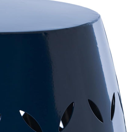 Christopher Knight Home Hayon 17.75'' Small Outdoor Side Table, Metal Outdoor Stool, Lace Cut Iron End Table, Hollow Drum Round Side Table, Decorative Garden Stool with Cutout Design, Dark Blue