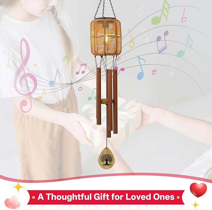Solar Wind Chimes with Rattan Lantern Outside Lighted Wind Chime for Garden, Patio, Yard – Decor for Festivals/Birthday/Christmas, fot Women Men Home Garden Patio Decor