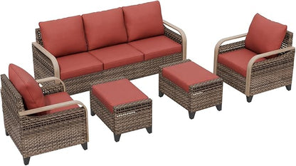 Modern Wicker Patio Furniture Set, Rattan Outdoor Conversation Set with Comfortable Cushions, 2 Patio Chairs, 3 Seat Couch and 2 Ottomans, 5 Pieces, Brown/Red
