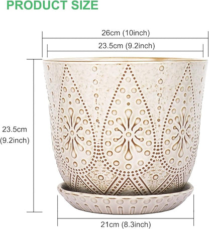 Gepege 10 Inch Plant Pot, Creamy White Ceramic Planter with Drainage Holes and Saucers for Plants Indoor and Outdoor Flower Pot