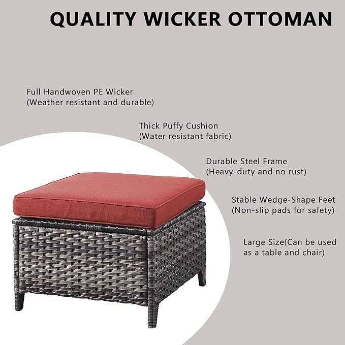 Rilyson Outdoor Patio Wicker Furniture Set - 5 Piece Rattan Patio Conversation Sectional Sofa Set with 1 Couch,2 Armchairs,2 Ottomans for Porch Deck Garden(Mixed Grey/Red)
