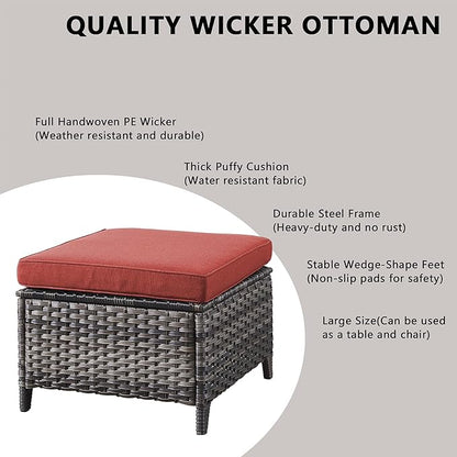 Rilyson Outdoor Patio Wicker Furniture Set - 5 Piece Rattan Patio Conversation Sectional Sofa Set with 1 Couch,2 Armchairs,2 Ottomans for Porch Deck Garden(Mixed Grey/Red)