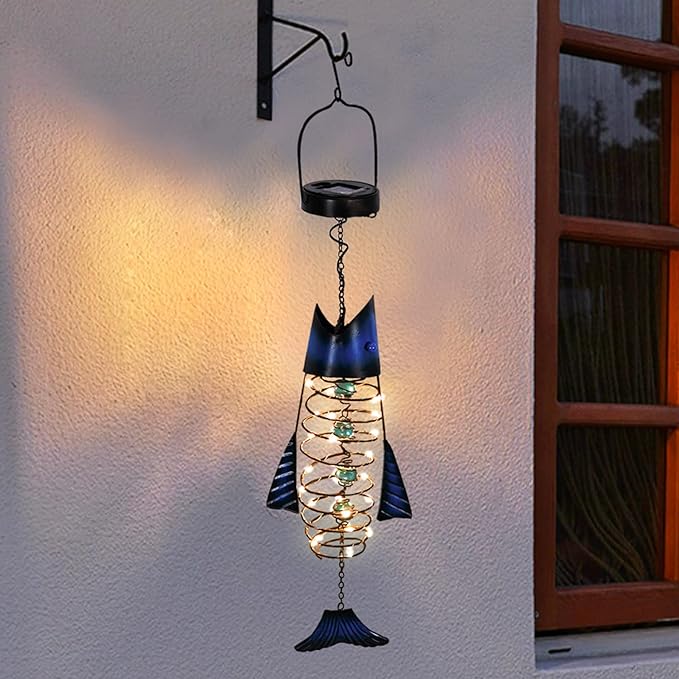 HONGLAND Patio Deals Solar Lanterns Outdoor Waterproof, Fish Lantern Lights, Metal Hanging Garden Decor for Patio & Yard, Gifts for Fishermen, Warm White LED Home Decoration