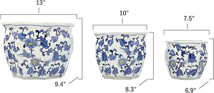Galt International Blue & White w/Yellow Accent Round Fluted Floral Porcelain Ceramic Plant Flower Planter Pot Set of 3 (7.5", 10", 13") Garden Pots Chinese Asian Design