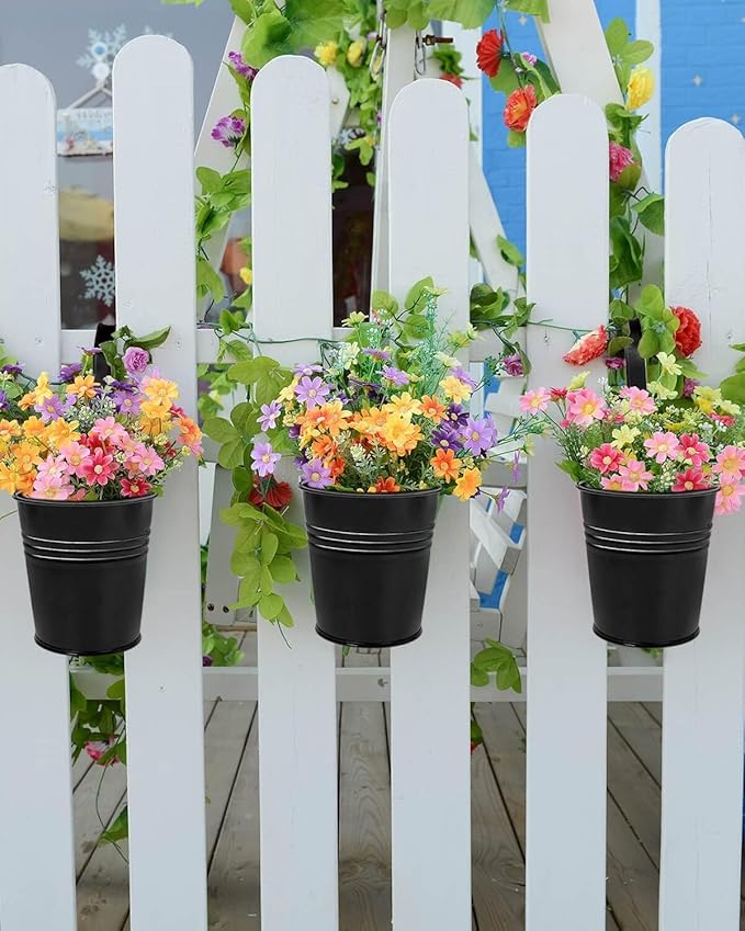 12 Pack Railing Planter for Outdoor Plants - 4 Inch Small Balcony Hanging Flower Pots with Detachable Hooks and Drain Holes Metal Oval Bucket Rail Box Fence Planters for Home Garden Decor, Black