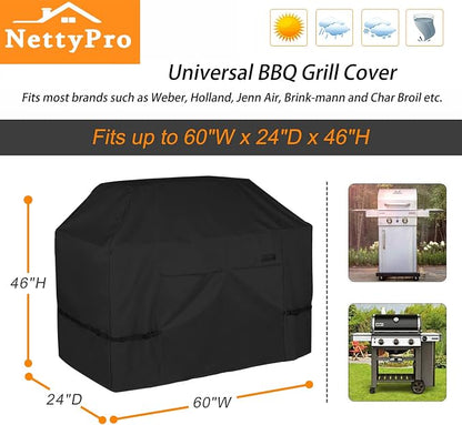 NettyPro Grill Cover for Outdoor Grill 60 inch Waterproof Heavy Duty Gas BBQ Cover for Outside Weber, Char-Broil, Brinkmann, Jenn Air, Nexgrill 3-4 Burners Barbecue, Black