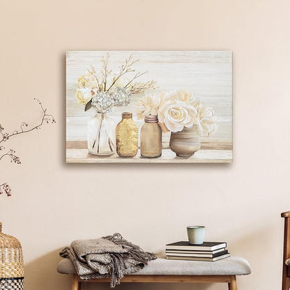 Farmhouse Floral Wall Art for bathroom, Flower Rustic Wood Board Canvas Wall decor Art hand paint Paintings Country Flower Pictures Posters Prints Artwork for living room Bedroom kitchen, 16L X 12W
