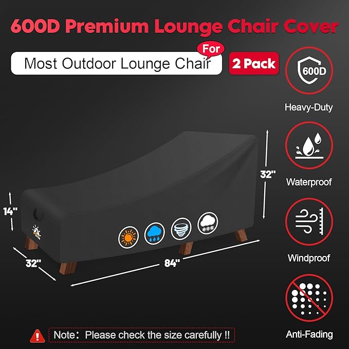 Zettum Outdoor Lounge Chair Cover 2 Pack - Waterproof Patio Chaise Lounge Chair Cover, 600D Fade-Resistant Outdoor Seating Covers For Pool Lounge Chair, Lawn Bench Furniture 84 x 32 x 32 Inch