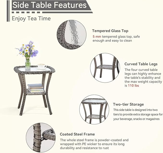 5 Piece Patio Furniture Wicker Conversation Set, 2 Chairs, 2 Ottomans with 1 Side Table, for Outdoors, Backyard, Deck, Beige