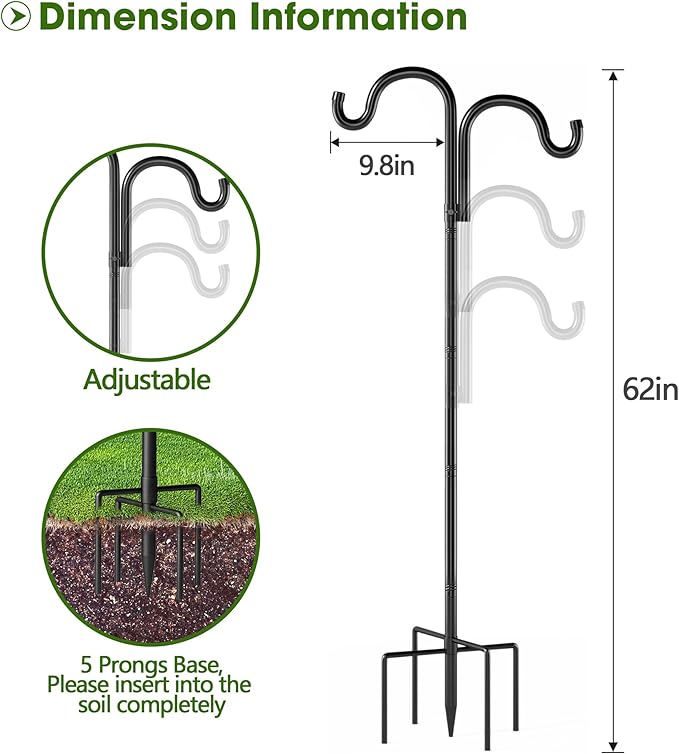Double Shepherds Hooks for Outdoor, 60" Heavy Duty Bird Feeder Pole with 5 Prong Base, Adjustable Shepherds Hook for Bird feeders Outside, Garden, Weddings, Hanging Plants, 1 Pack, Black