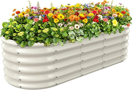 YSEJOMP 17" Tall Outdoor Garden Raised Garden Bed Kits, 5ft X 2ft Oval,0.8MM Thick Metal Raised Planter Bed/Ground Planter Box for Variety of Flowers,Herbs,Vegetables (Cream White, 60X24X16.5 Inches)