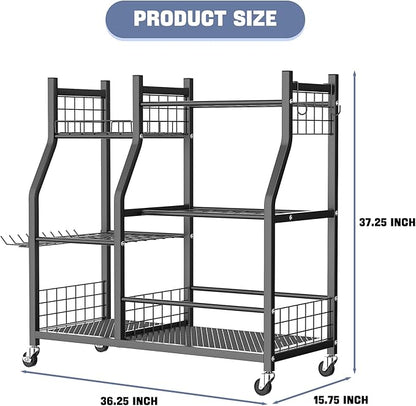 WALMANN Garden Tool Organizer with Wheels for Garage, Large Storage Capacity, Rakes/Shovels/Yard Tools Storage Stand for Shed, Garden, Indoor/Outdoor Long-Handled Tools Rolling Cart