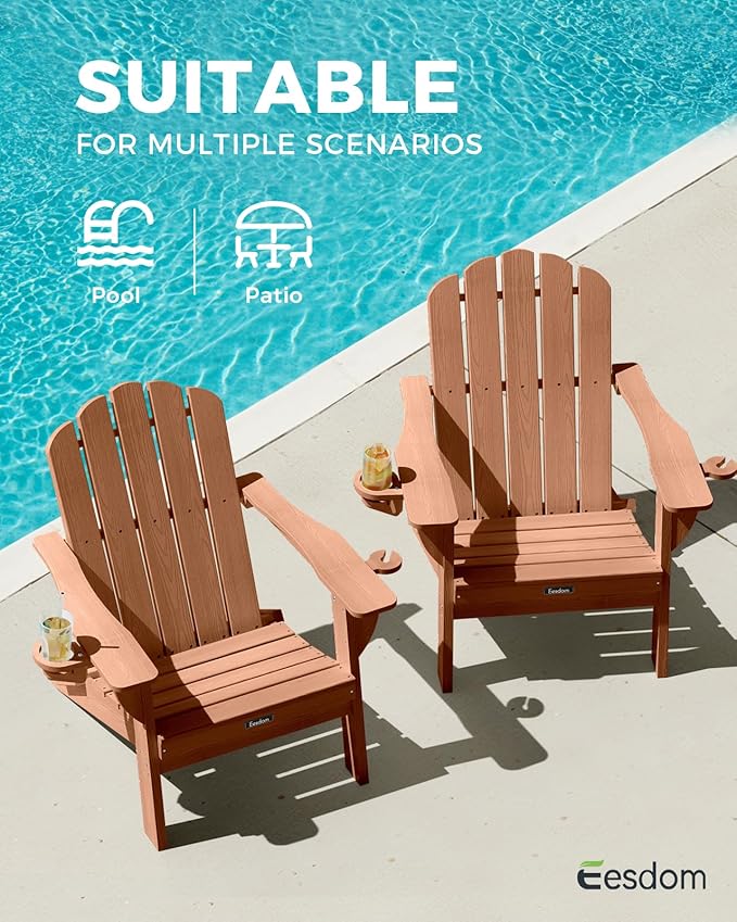 Adirondack Chairs Set of 6, Fire Pit Chairs, Wood Texture Patio Chairs with 2 Cup Holder, Outdoor Lawn Chair, Teak