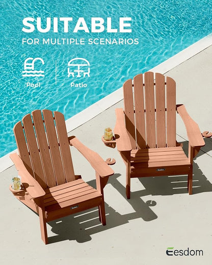 Folding Adirondack Chairs Set of 4,All-Weather HDPE Fire Pit Chair with 2 Cup Holders, Outdoor Chair for Patio Deck Garden Lawn, Teak