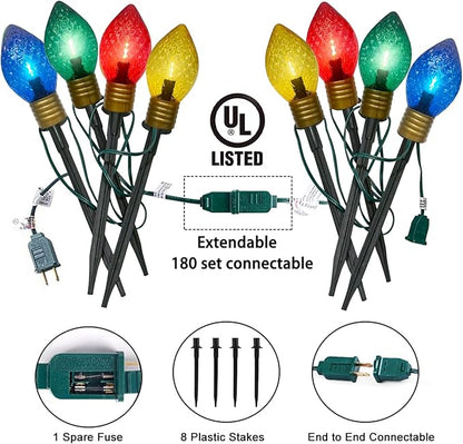 Jumbo C9 Christmas Pathway Lights Outdoor, 2 Pack Total 14Ft 8 LED C9 Giant Multicolor Christmas Walkway Lights, Connectable Outdoor Christmas Decorations Stakes Light for Lawn Yard Garden Holiday