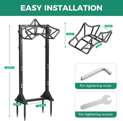 Garden Hose Holder Holds 160Ft Hoses, Heavy-Duty Freestanding Water Hose Stand with 2 Tool Hooks, Rustproof Hose Rack with 4 Spikes Hose Hanger Storage for Outside, Yard, Lawn
