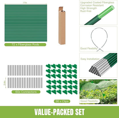 Joyhalo Garden Hoops for Raised Beds, 72pcs (12 Sets) Fiberglass Hoops with PVC Coating, DIY Greenhouse Tunnel for Row Cover, Bird Netting & Plant Protection, Extend Growing Season