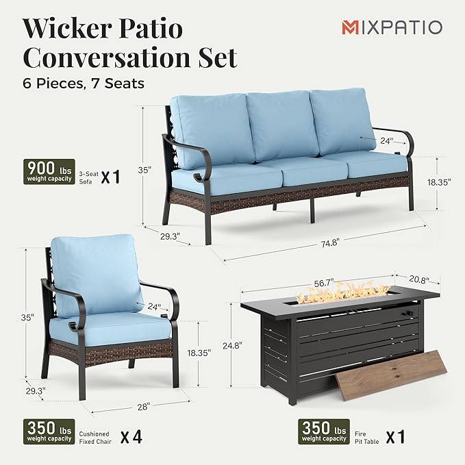 Patio Furniture Set with Firepit Table, Black Frame Outdoor Conversation Set with 4 x Fixed Chairs, 1 x 3-Seat Sofa for Lawn Garden Backyard, Blue