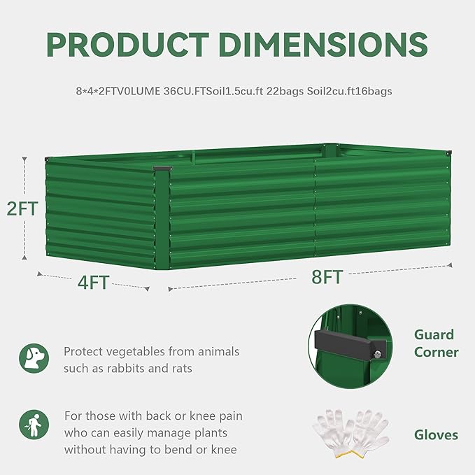 FOOWIN 8x4x2ft Galvanized Raised Garden Bed, Planter Raised Garden Boxes Outdoor, Large Metal Raised Beds for Gardening, Garden Bed for Vegetables, Flowers, Herb,478 Gallon Capacity, Green