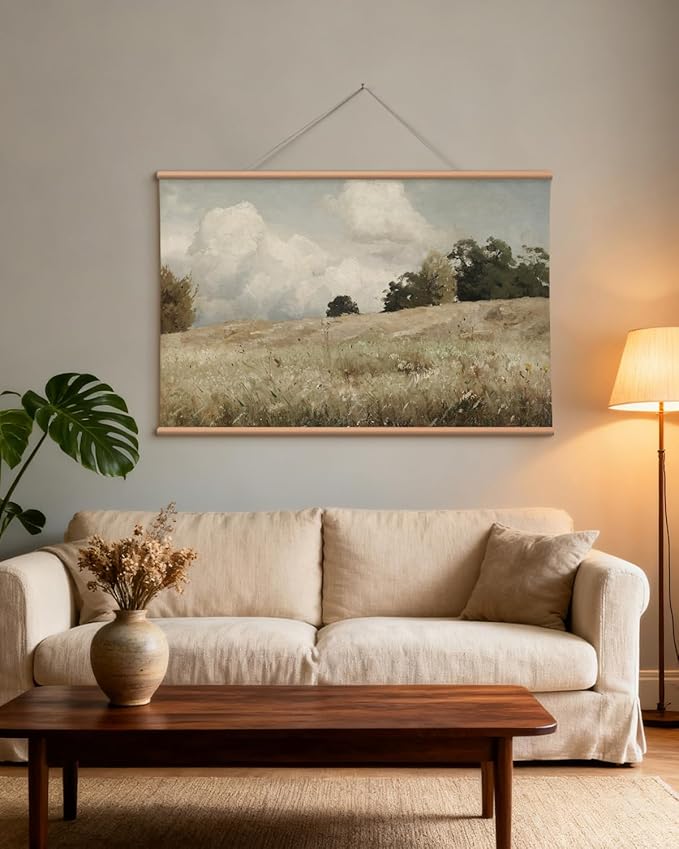 VIYYIEA Extra Large Canvas Wall Art, 36x54 Inch Vintage Landscape Painting, Neutral Pastoral Nature Wall Decor for Living Room or Bedroom, Above Sofa