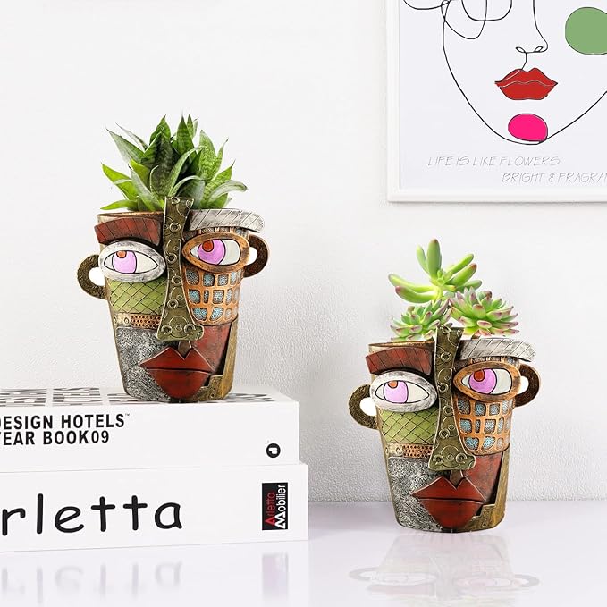 Abstract Face Flower Pots Head,Creative Inspiration Succulent pots,Head Planter with Drainage Hole,Colorful Plant Pots for Outdoor Garden Decor and Home Art Decoration(Retro)