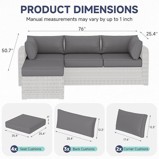 HOMREST Outdoor Sectional Cushions Set of 9, Waterproof Patio Furniture Cushions for 4-Seat Rattan Wicker Sofa, Deep Seat Couch Cushions with Non-Slip Bottom & Machine Washable Covers,Gray