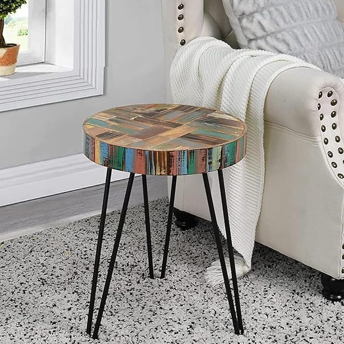 Vintage Round Thick Wood Side Table 15" x 15" x 20" H Accent Reclaimed Wood Multi Color Coffee Tables Solid Rustic Plant Stand Outdoor End Tables Living Room Patio Bedroom
