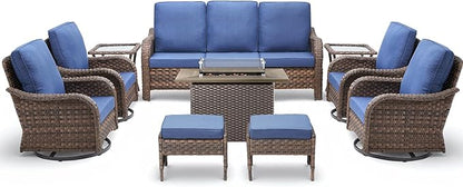 10 Pieces Patio Furniture Set with 42.5" Fire Pit Table-All Weather Wicker Outdoor Furniture with High Back Swivel Patio Chairs Set of 2 Outdoor Couch for Deck Balcony Backyard Brown/Blue