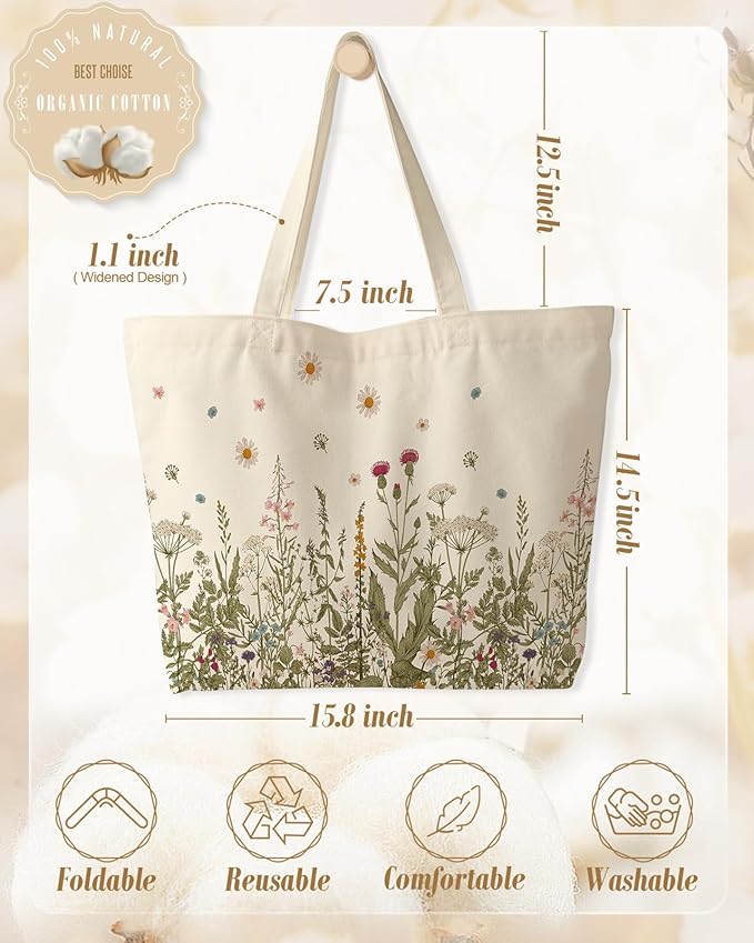 Miss Adola Large Tote Bag for Women - Canvas Tote Bag with Zipper Aesthetic Reusable Shoulder Bag for Gym, Travel, Work