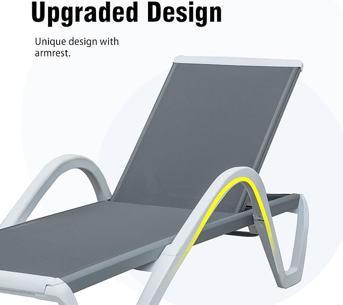 Domi Patio Chaise Lounge Outdoor Lounge Chair Adjustable Aluminum Pool Lounge Chair with Armrests, Side Table, All Weather Poolside Lounger for Deck, Lawn, Garden, Gray