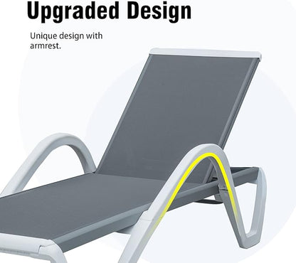 Domi Patio Chaise Lounge Outdoor Lounge Chair Adjustable Aluminum Pool Lounge Chair with Armrests, Side Table, All Weather Poolside Lounger for Deck, Lawn, Garden, Gray