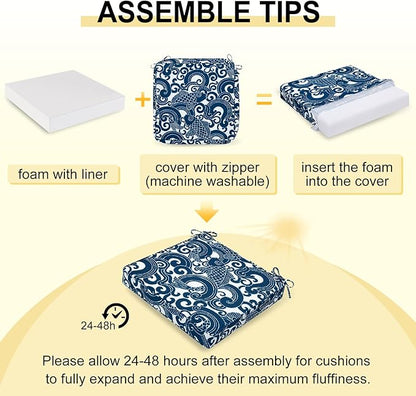 downluxe Outdoor Chair Cushions Set of 4, Waterproof 19" x 19" x 3" Patio Chair Cushion with Non-Slip Ties & Handle, Square Outdoor Cushion for Patio Furniture with Removable Cover, Blue Carp