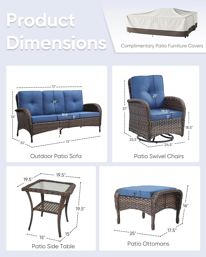 6 Pieces Furniture-Patio Swivel Rocker Chairs Set of 2 3-Seater Wicker Couch with Outdoor Ottoman Outdoor Patio Furniture Set for Deck Porch Garden Balcony Poolside-Brown/Blue