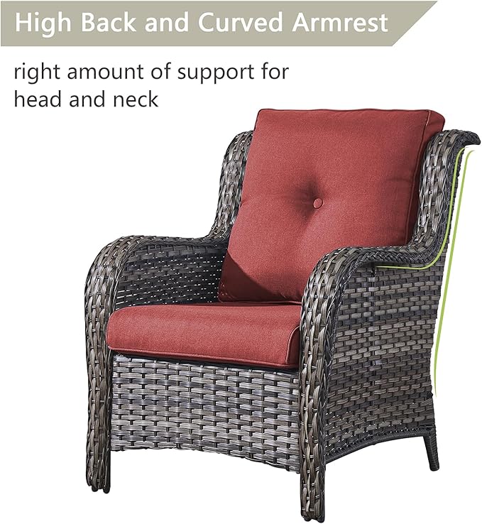 Rilyson Outdoor Patio Wicker Furniture Set - 5 Piece Rattan Patio Conversation Sectional Sofa Set with 1 Couch,2 Armchairs,2 Ottomans for Porch Deck Garden(Mixed Grey/Red)