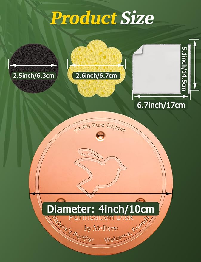 Mellbree Bird Bath Copper Disc & Clean Set, 0.6mm Reinforced 99.99% Pure Copper Cleaning Disk with Cleaning sponges Sandpaper and Microfiber Cloths for Cleaning Bird Baths and Bird Bath Disk