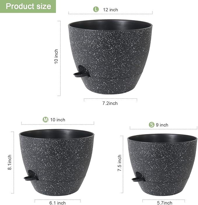 12/10/9 inch Large Self Watering Pots, Planter, Plant Pots with Mesh Drainage Holes for Indoor Outdoor Garden Plants, Plastic Flower Pots with Removable Deep Reservoir, Speckled Black