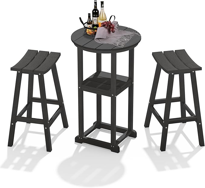 Ciokea Balcony Table and Stools 3 Pieces Set, Outdoor High Top Bar Set, HDPE 29" Bar Stools Set of 2 and Round Table for Outside Dining Bistro Poolside Backyard, Black