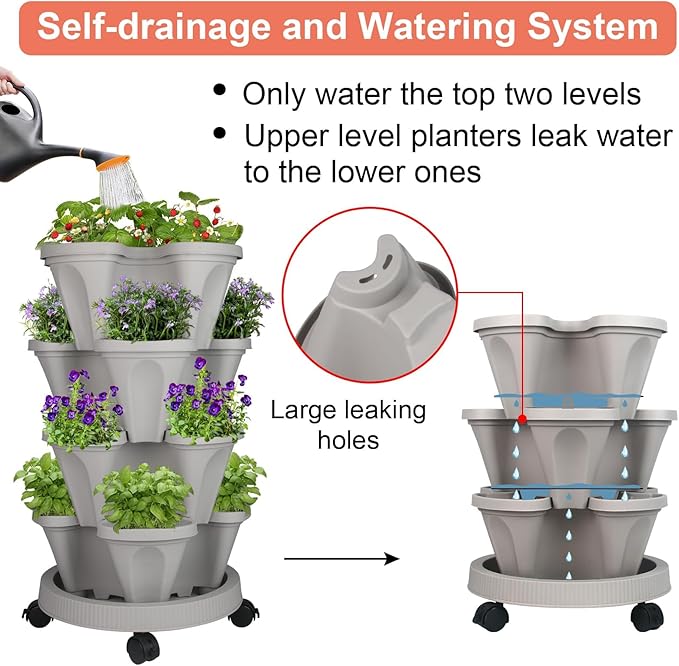GameXcel Vertical Planter Tower- 4 Tier Stackable Garden Planter with Wheels and Tool Set – Grow Strawberries Herbs Flowers and Vegetables - Indoor Outdoor Use Gray