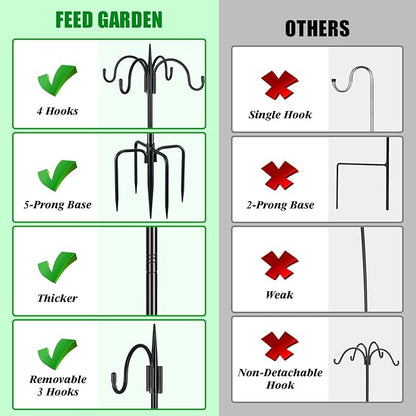 FEED GARDEN Heavy Duty Shepherds Hook 2 Pack 76" Four Hooks Adjustable (44/60/76") - Metal 5-Prong Base, 17lb Capacity - Easy Assembly Bird Feeder Pole for Hanging Planters, Lanterns, Wind Chimes